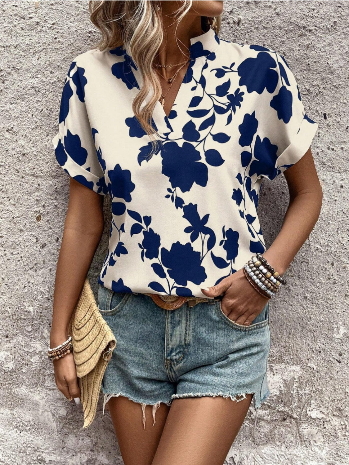 Flower Notched Short Sleeve Blouse