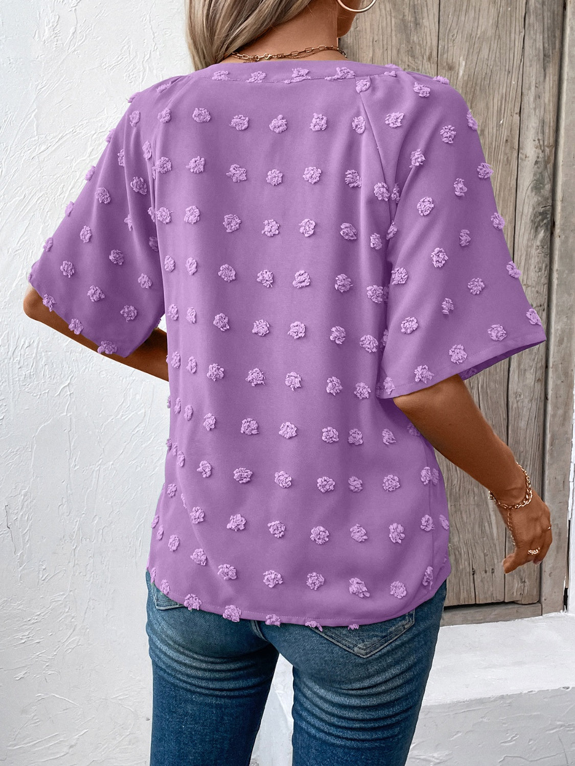 Swiss Dot Notched Half Sleeve Blouse