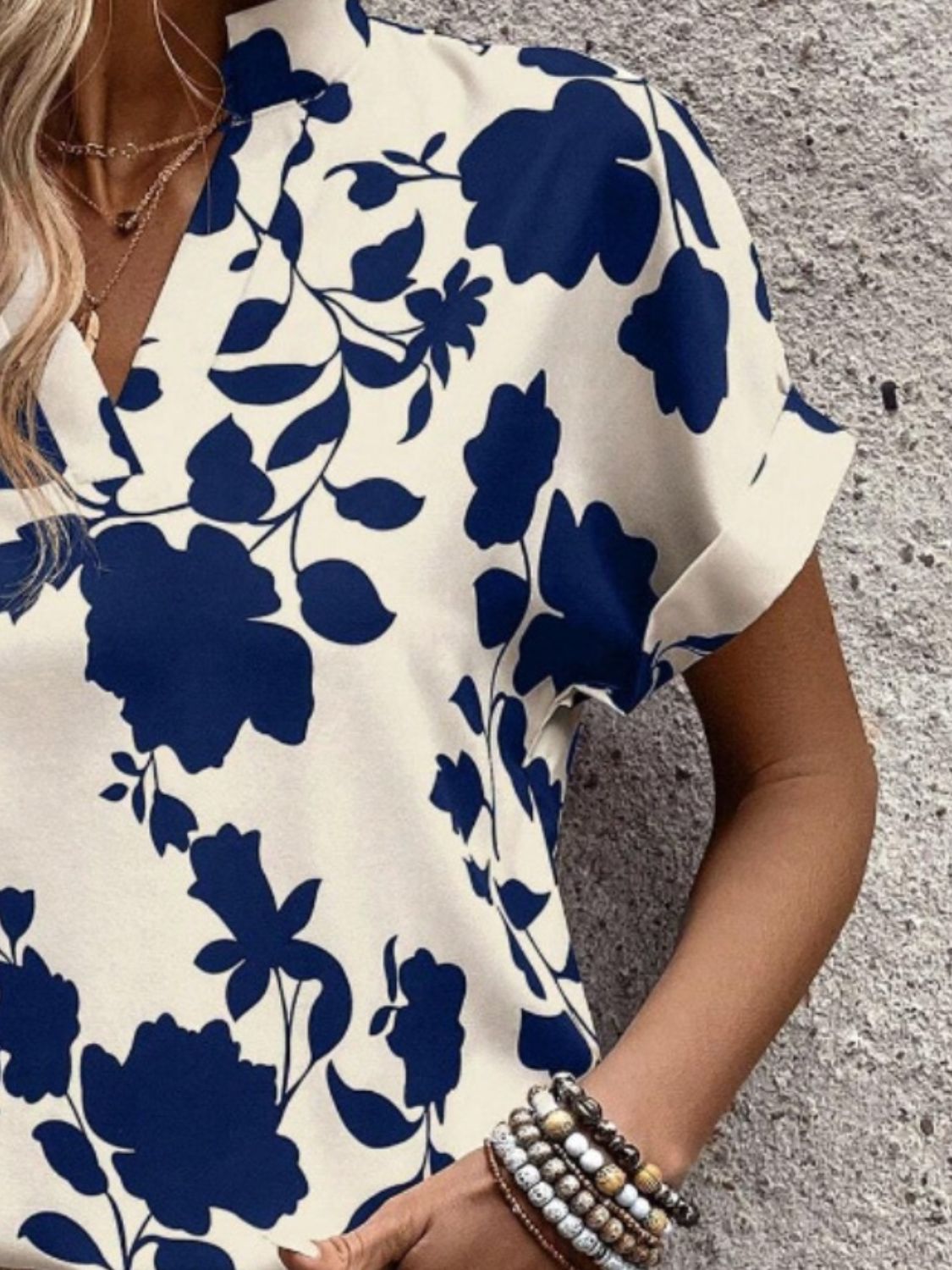 Flower Notched Short Sleeve Blouse