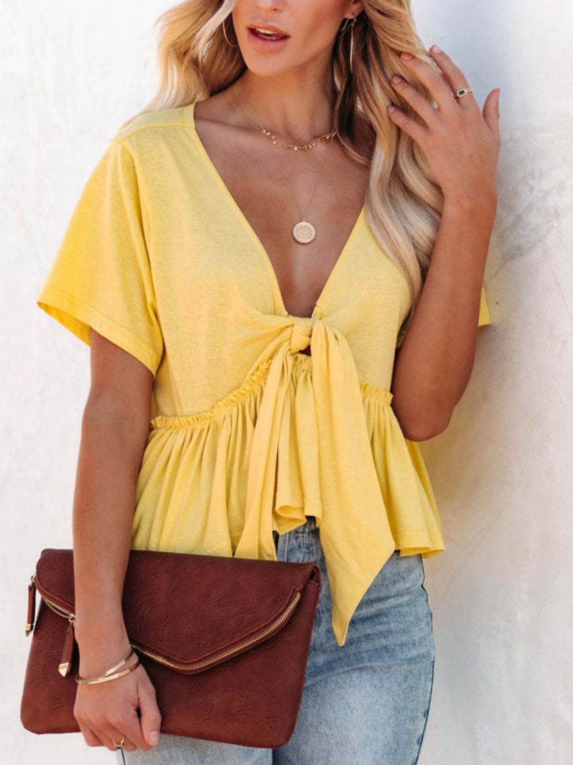 Tied Plunge Short Sleeve Blouse