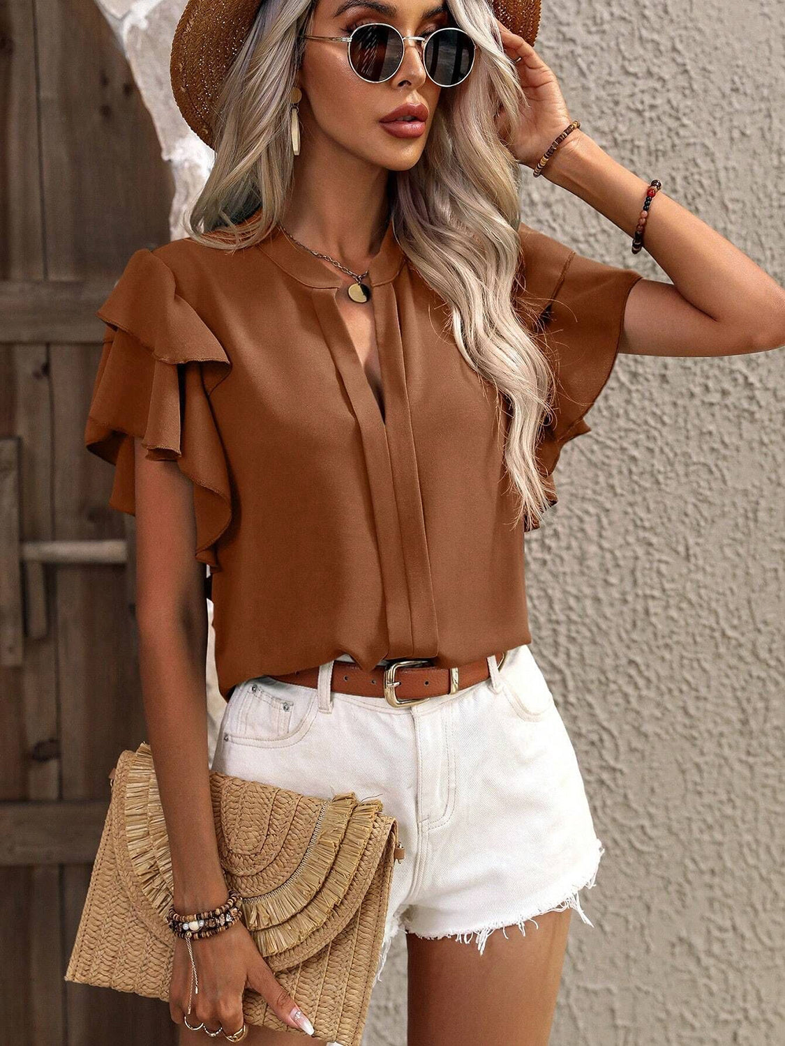 Ruffled Notched Short Sleeve Blouse