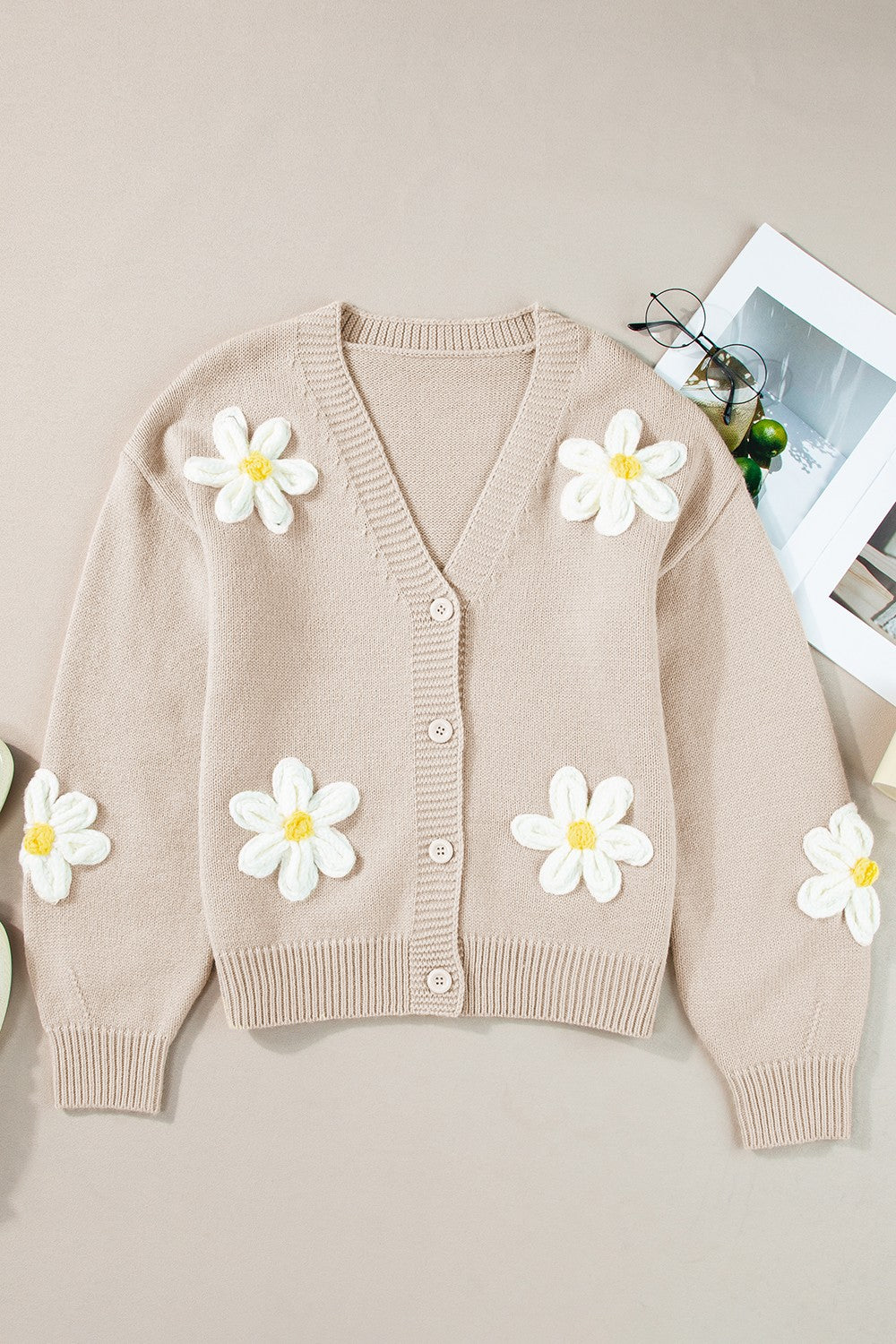 Flower Dropped Shoulder Long Sleeve Cardigan